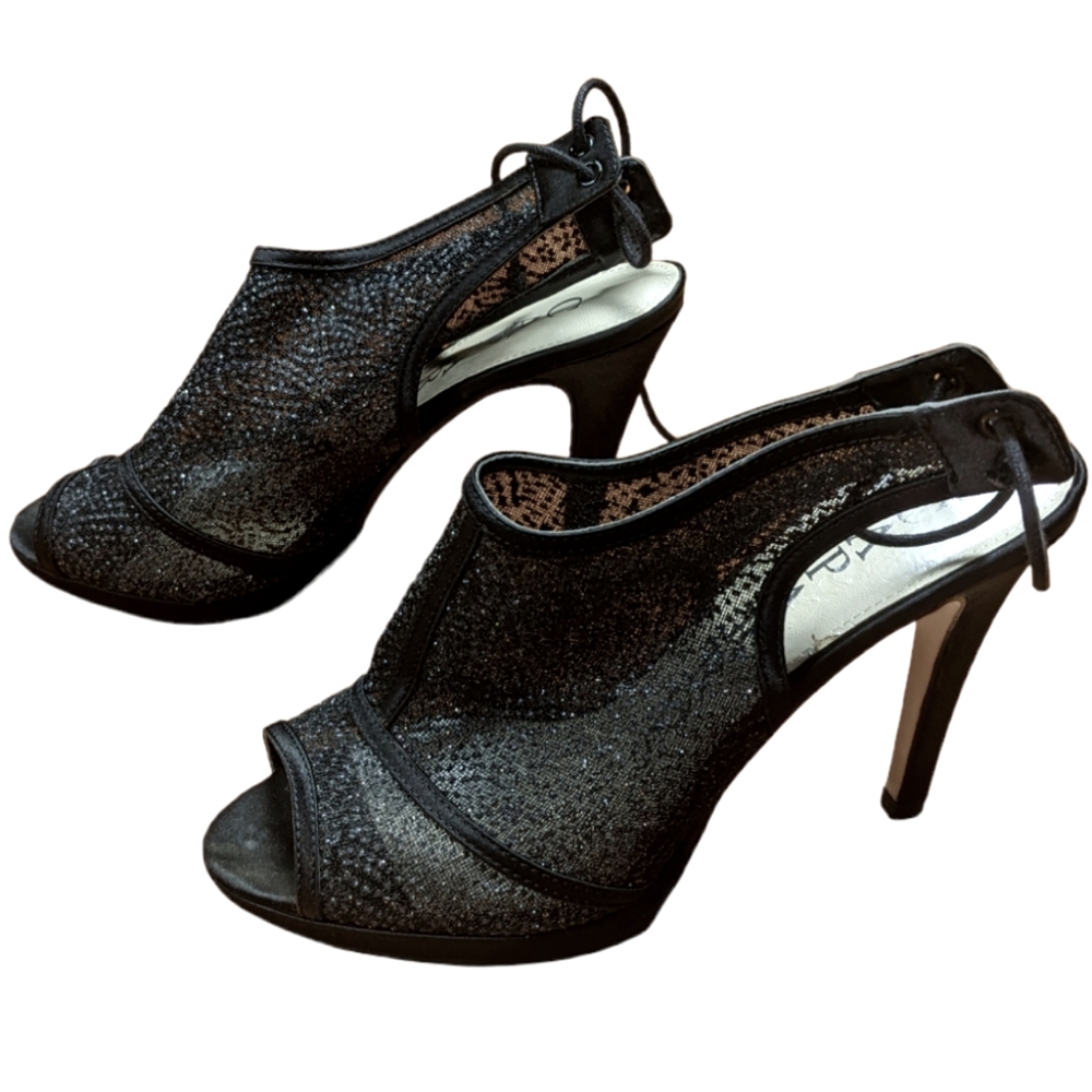 Ladie's Women's Caparros Black Open Toe Lace Up Glittery Mesh Heels Size 7 1/2 B
